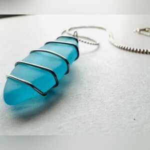 Elegant Silver and Blue Sea Glass Pendant Necklace